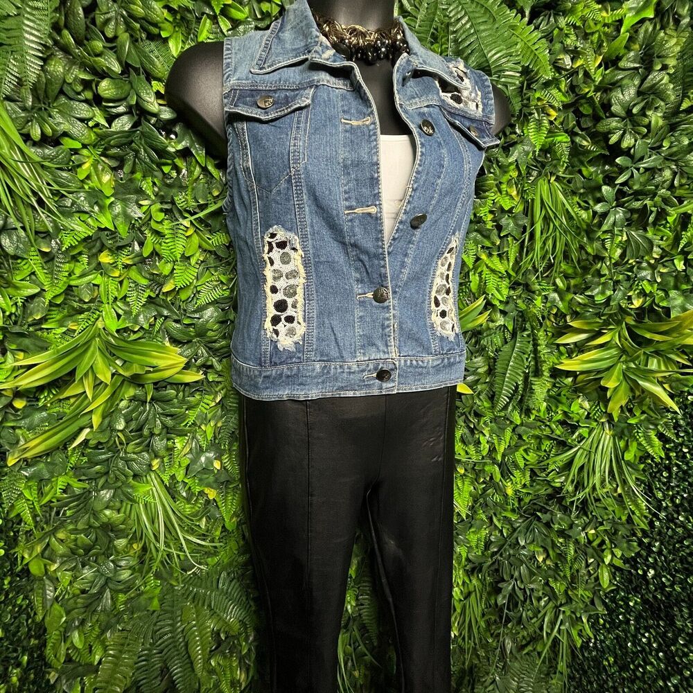 Women Vest Denim 1XL Blue Sequins Accent Polka Dots Waist Coat‎ BUZZ 1618 - Picture 4 of 7